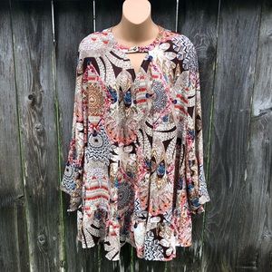 Umgee Sz S Boho Tunic Dress Top Feathers Keyhole